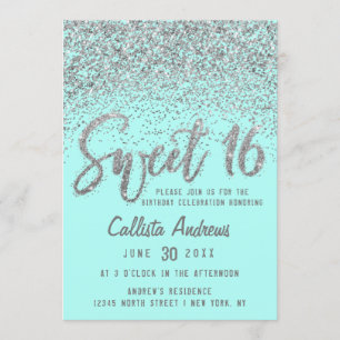 Invitation Chic Aqua Turquoise Argent Parsemé Parties scintil