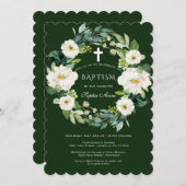 Invitation Chic Aquarelle Blanc Floral Wreath Cross Baptisme (Devant / Derrière)
