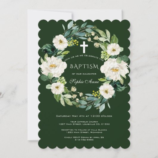 Invitation Chic Aquarelle Blanc Floral Wreath Cross Baptisme (Devant)