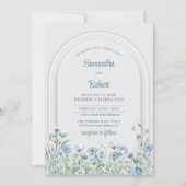 Invitation Chic aquarelle bleu roux fleurs sauvages arche boh (Devant)