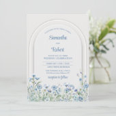 Invitation Chic aquarelle bleu roux fleurs sauvages arche boh (Debout devant)