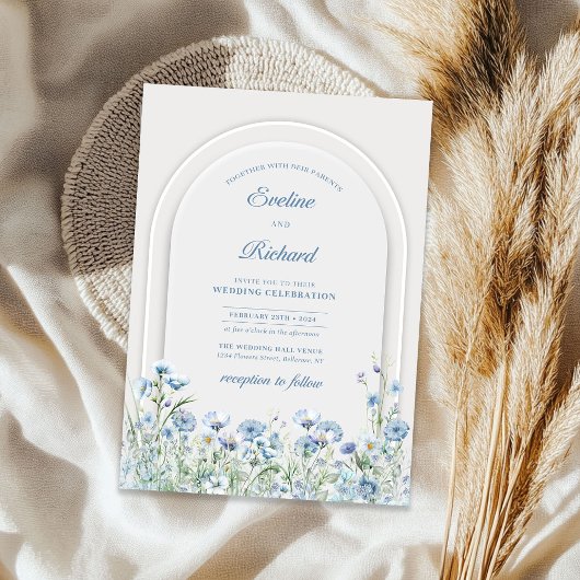 Invitation Chic aquarelle bleu roux fleurs sauvages arche boh