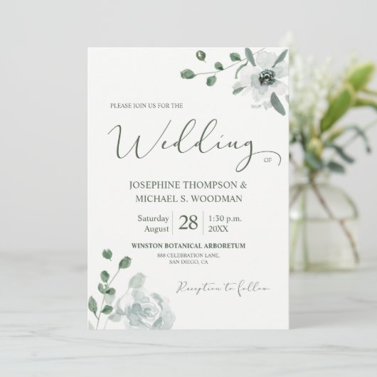 Invitation Chic Aquarelle Botanique Vert Mariage Script (Debout devant)