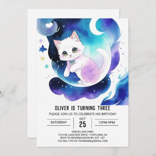 Invitation Chic Aquarelle Chat Anniversaire (Devant / Derrière)