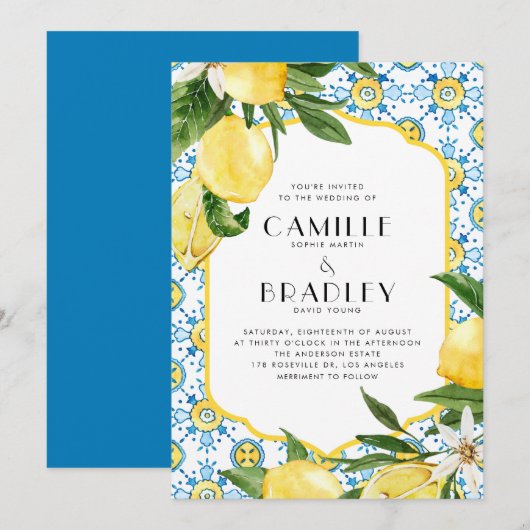 Invitation Chic Aquarelle Citron Méditerranée Mariage d'été (Devant / Derrière)