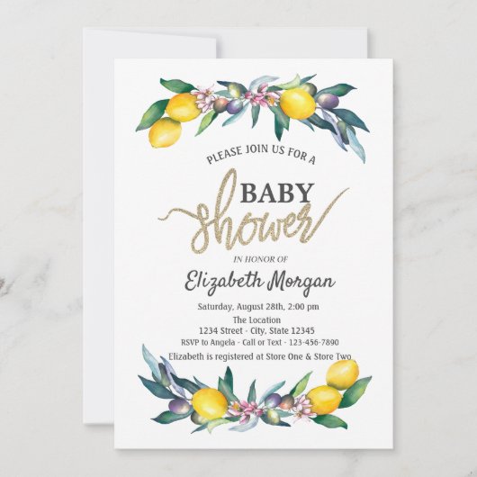 Invitation Chic Aquarelle Citrons Baby shower Olives (Devant)