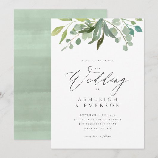 Invitation Chic Aquarelle Eucalyptus Mariage d'été (Devant / Derrière)