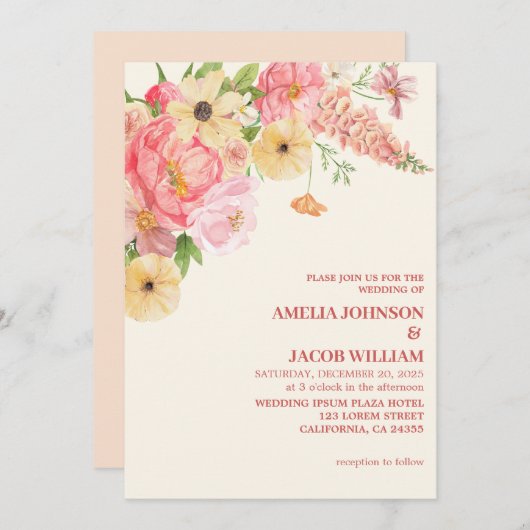 Invitation Chic Aquarelle fleurie beurre pêche jaune Mariage (Devant / Derrière)