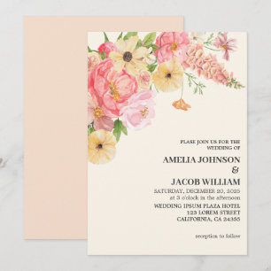 Invitation Chic Aquarelle fleurie beurre pêche jaune Mariage