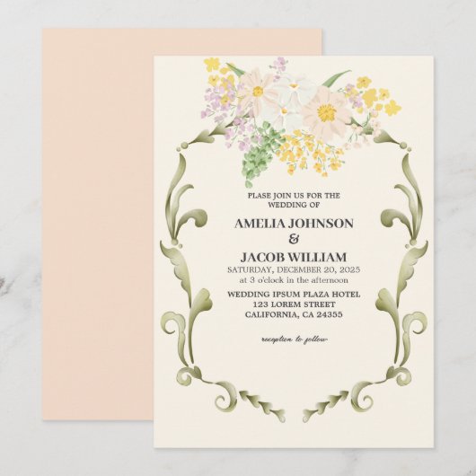 Invitation Chic Aquarelle fleurie beurre pêche jaune Mariage (Devant / Derrière)