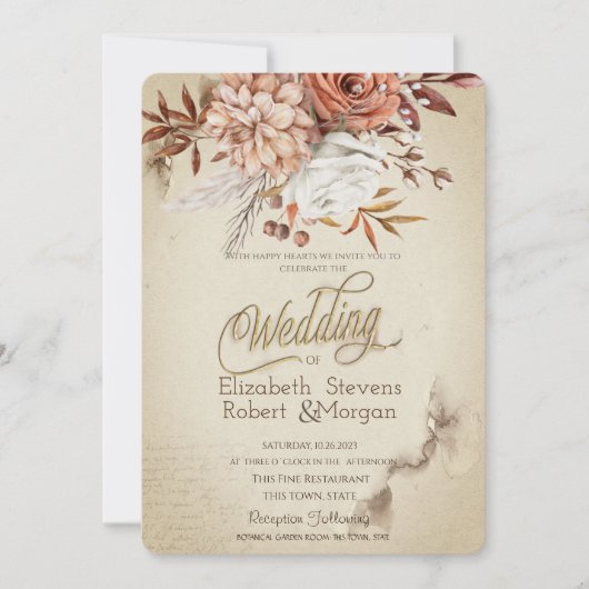 Invitation Chic Aquarelle Fleurs d'automne Mariage (Devant)