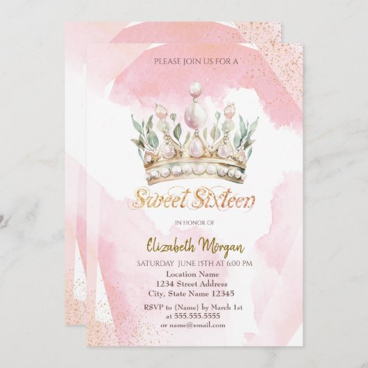 Invitation Chic Aquarelle Fleurs de Couronne doux 16 (Devant / Derrière)