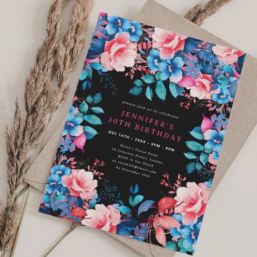 Invitation Chic Aquarelle Floral 30e Anniversaire Noir