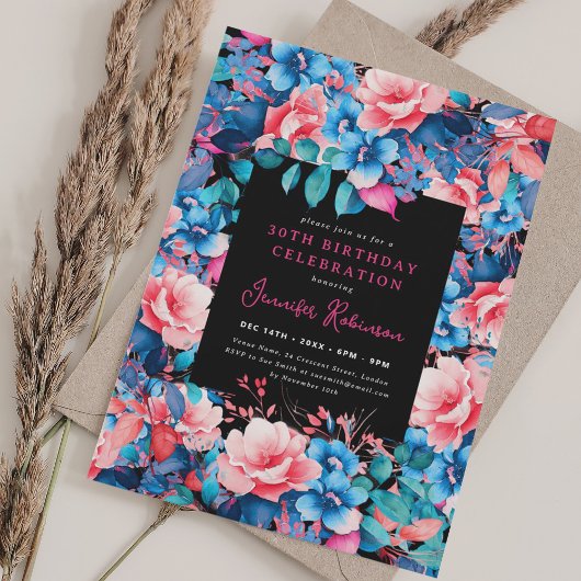 Invitation Chic Aquarelle Floral 30e Anniversaire Noir