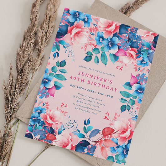 Invitation Chic Aquarelle Floral 40e Anniversaire Blush