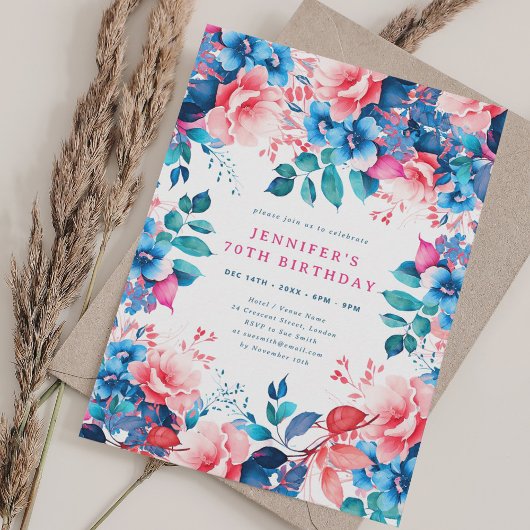 Invitation Chic Aquarelle Floral 70e anniversaire