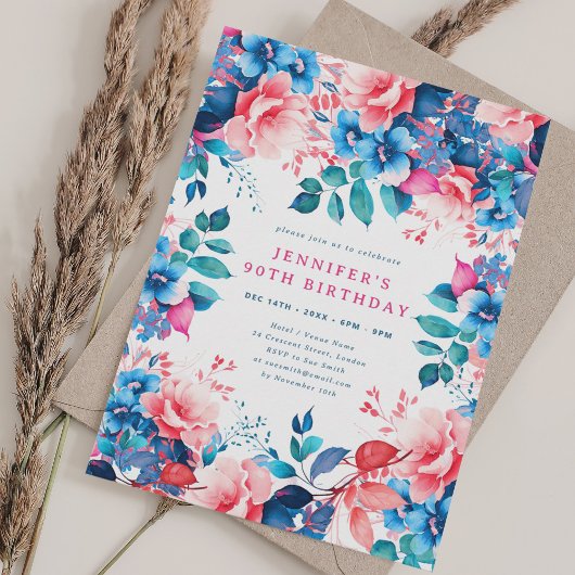 Invitation Chic Aquarelle Floral 90e anniversaire