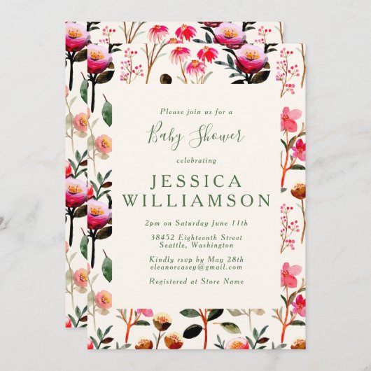 Invitation Chic Aquarelle Floral rose et Baby shower vert (Devant / Derrière)