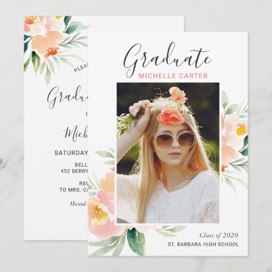 Invitation chic aquarelle florale pour fête de rem (Devant / Derrière)