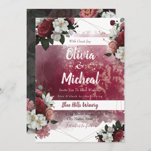 Invitation Chic Aquarelle Florale Rouge Bourgogne thème invit (Devant / Derrière)