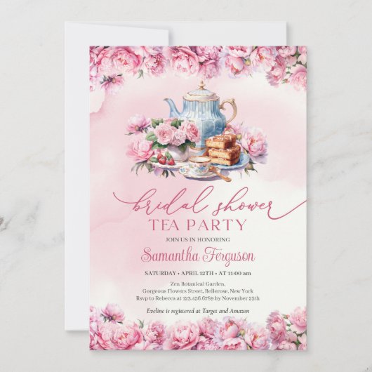 Invitation Chic aquarelle fuchsia pivoines à thé floral (Devant)