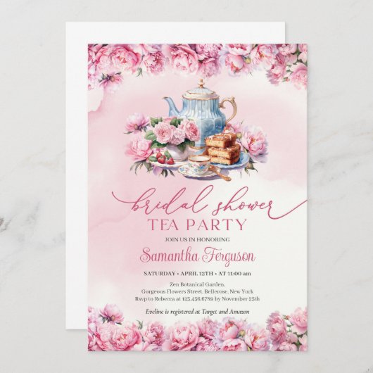 Invitation Chic aquarelle fuchsia pivoines à thé floral (Devant / Derrière)