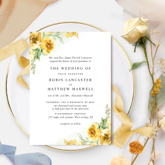 Invitation Chic Aquarelle Jaune Oc Floral Mariage