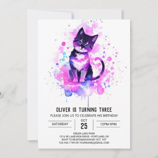 Invitation Chic Aquarelle Kitty Anniversaire (Devant)