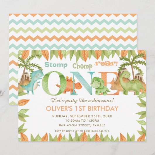 Invitation Chic Aquarelle mignonne Dinosaur 1ère fête d'anniv (Devant / Derrière)