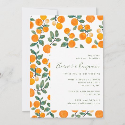Invitation Chic Aquarelle Orange Citrus Mariage Script (Devant)