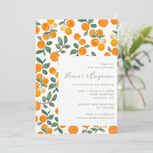 Invitation Chic Aquarelle Orange Citrus Mariage Script (Debout devant)