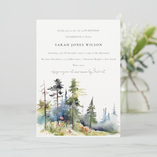 Invitation Chic aquarelle Pine Forest Paysage Anniversaire (Debout devant)
