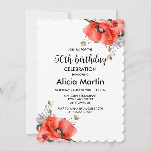 Invitation Chic Aquarelle Rouge Pavot vert 50e anniversaire (Devant)