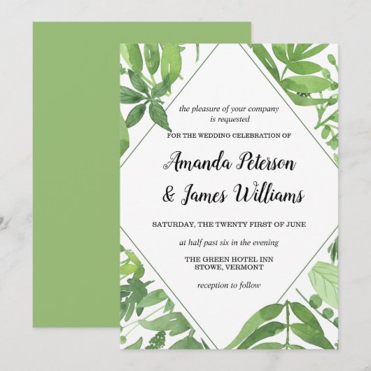 Invitation Chic Aquarelle sauvage prairie vert diamant Mariag (Devant / Derrière)