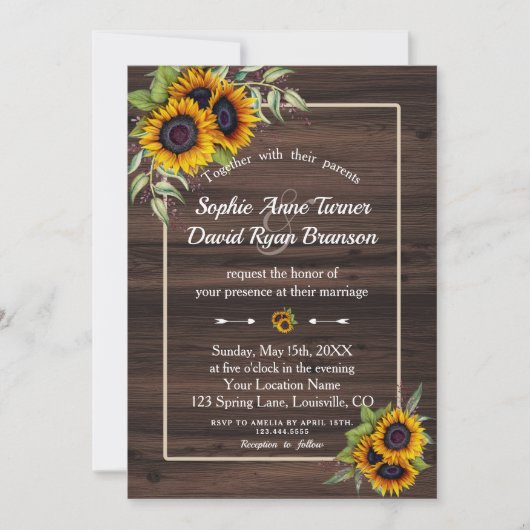 Invitation Chic Aquarelle Sunflower Mariage cadre bois (Devant)