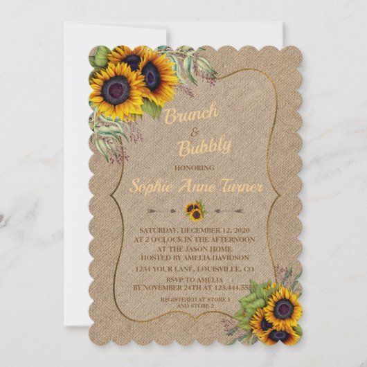 Invitation Chic Aquarelle Tournesol Burlap Brunch & Bubbly (Devant)