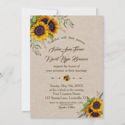 Invitation Chic Aquarelle Tournesols Linge Mariage (Devant)