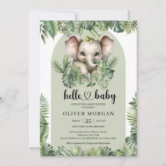 Invitation Chic Aquarelle tropicale verdure elphant mignon (Devant)