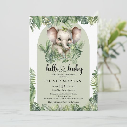 Invitation Chic Aquarelle tropicale verdure elphant mignon (Debout devant)