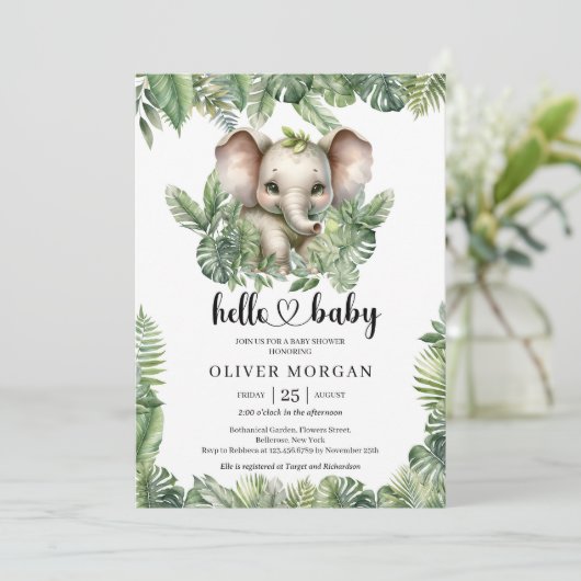 Invitation Chic Aquarelle tropicale verdure elphant mignon (Debout devant)
