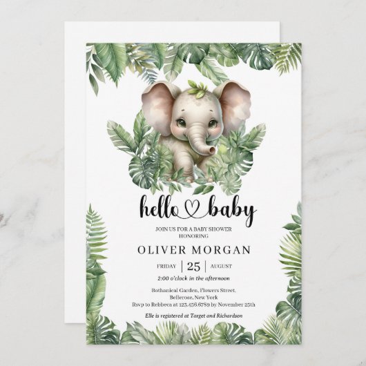 Invitation Chic Aquarelle tropicale verdure elphant mignon (Devant / Derrière)