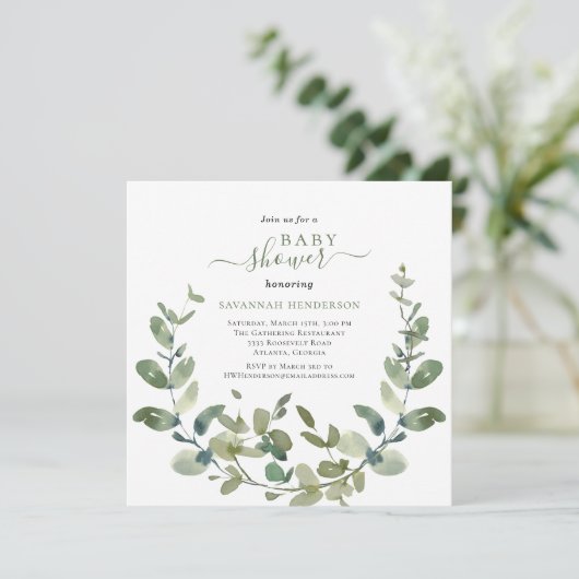 Invitation Chic Aquarelle Verdure Baby shower de couronne (Debout devant)
