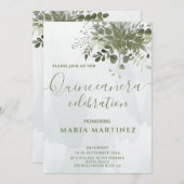 Invitation Chic aquarelle verte eucalyptus Quinceañera (Devant / Derrière)