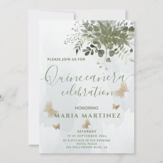 Invitation Chic aquarelle verte eucalyptus Quinceañera (Devant)