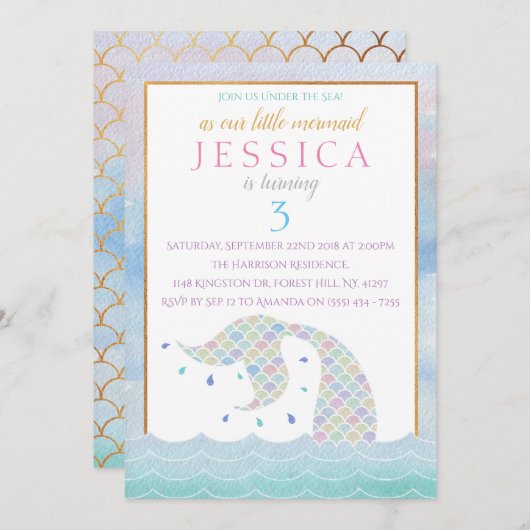 Invitation Chic Arc-en-ciel Sirène d'aquarelle n'importe quel (Devant / Derrière)