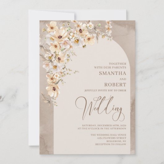 Invitation Chic arc neutre fleur sauvage ivoire brun mariage (Devant)
