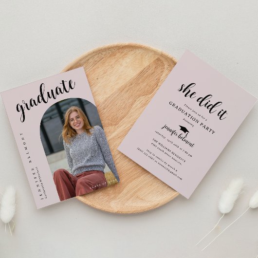 Invitation Chic Arch Photo She did it Hat Tassel Graduation