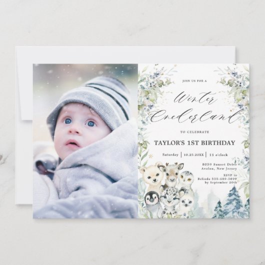 Invitation Chic Arctic Animaux Hiver Onederland 1er anniversa (Devant)