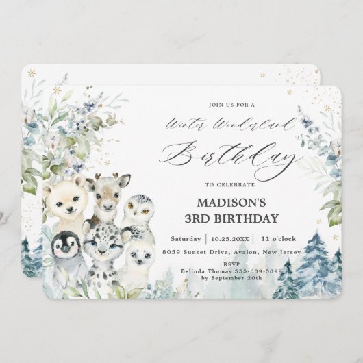 Invitation Chic Arctic Animaux Hiver Wonderland Anniversaire (Devant / Derrière)