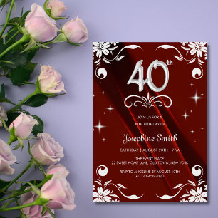Invitation Chic Argent Cadre Floral Bourgogne 40e anniversair